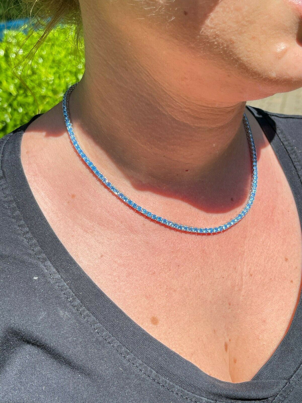 Tennis Chain Necklace Iced Out Blue CZ Stones - 925 Silver - 3mm - 16"-28"