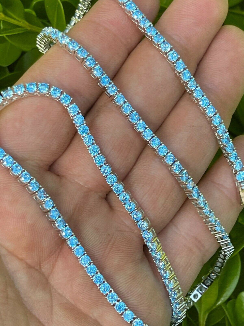 Tennis Chain Necklace Iced Out Blue CZ Stones - 925 Silver - 3mm - 16"-28"