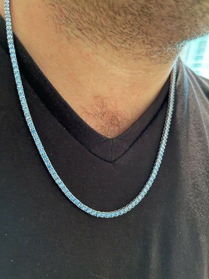 Tennis Chain Necklace Iced Out Blue CZ Stones - 925 Silver - 3mm - 16"-28"