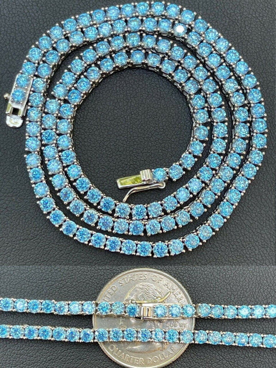 Tennis Chain Necklace Iced Out Blue CZ Stones - 925 Silver - 3mm - 16"-28"