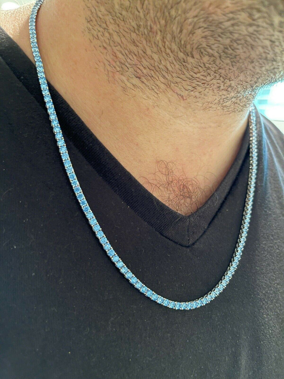 Tennis Chain Necklace Iced Out Blue CZ Stones - 925 Silver - 3mm - 16"-28"