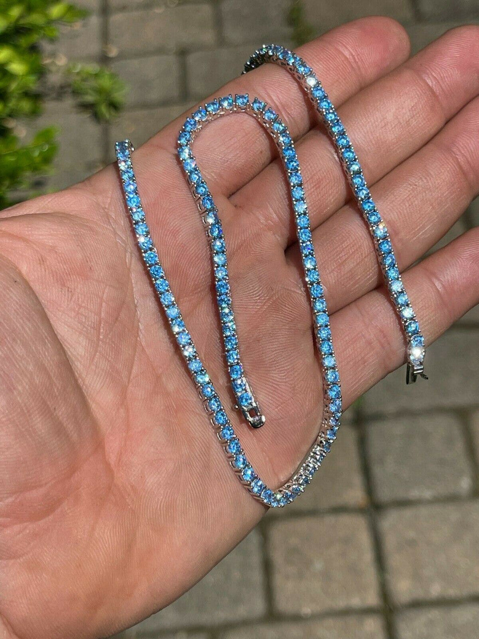Tennis Chain Necklace Iced Out Blue CZ Stones - 925 Silver - 3mm - 16"-28"