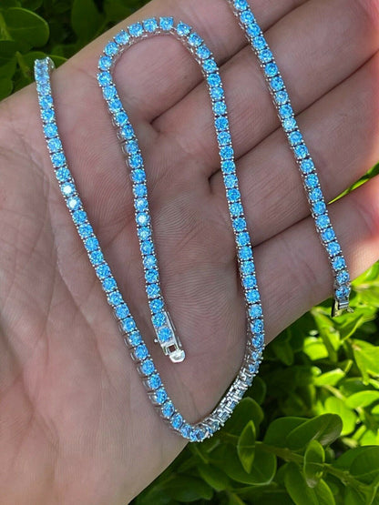 Tennis Chain Necklace Iced Out Blue CZ Stones - 925 Silver - 3mm - 16"-28"