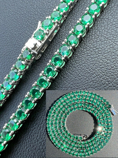 Tennis Chain Necklace Iced Out Green CZ Stones - 925 Silver - 3mm - 16"-28"