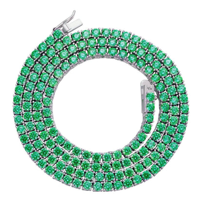 Tennis Chain Necklace Iced Out Green CZ Stones - 925 Silver - 3mm - 16"-28"