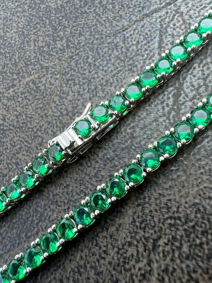 Tennis Chain Necklace Iced Out Green CZ Stones - 925 Silver - 3mm - 16"-28"