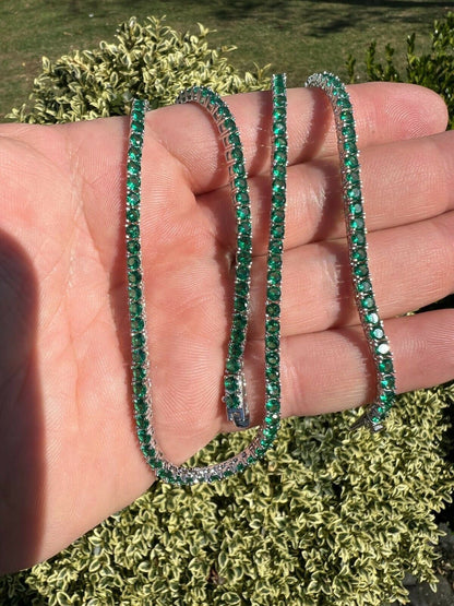 Tennis Chain Necklace Iced Out Green CZ Stones - 925 Silver - 3mm - 16"-28"