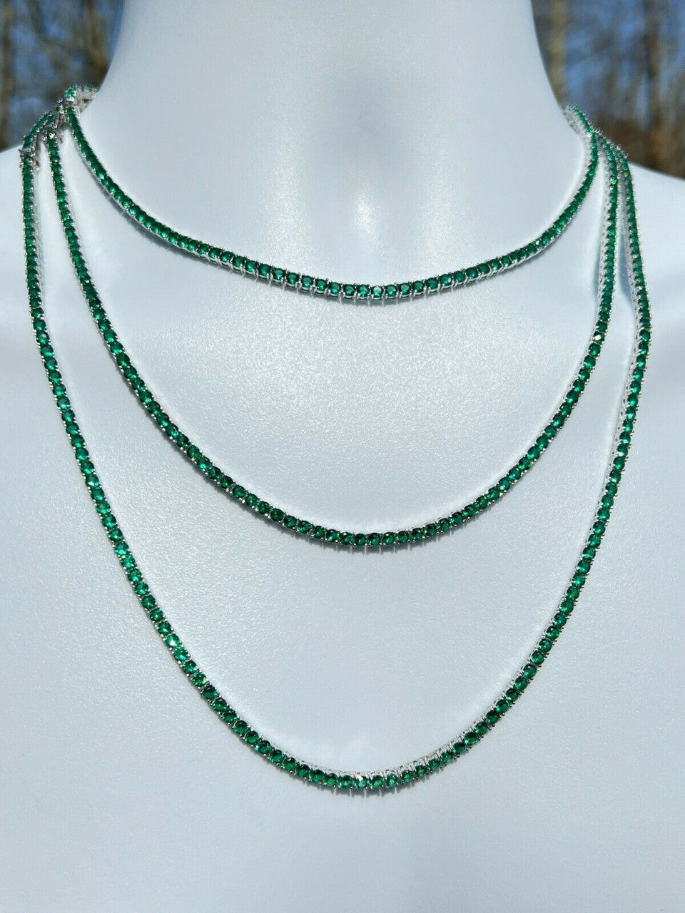 Tennis Chain Necklace Iced Out Green CZ Stones - 925 Silver - 3mm - 16"-28"