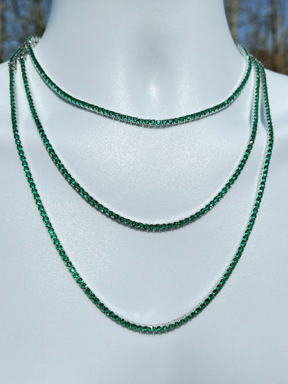 Tennis Chain Necklace Iced Out Green CZ Stones - 925 Silver - 3mm - 16"-28"