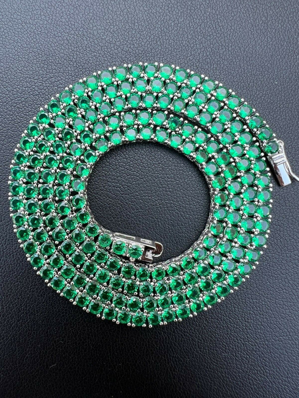 Tennis Chain Necklace Iced Out Green CZ Stones - 925 Silver - 3mm - 16"-28"