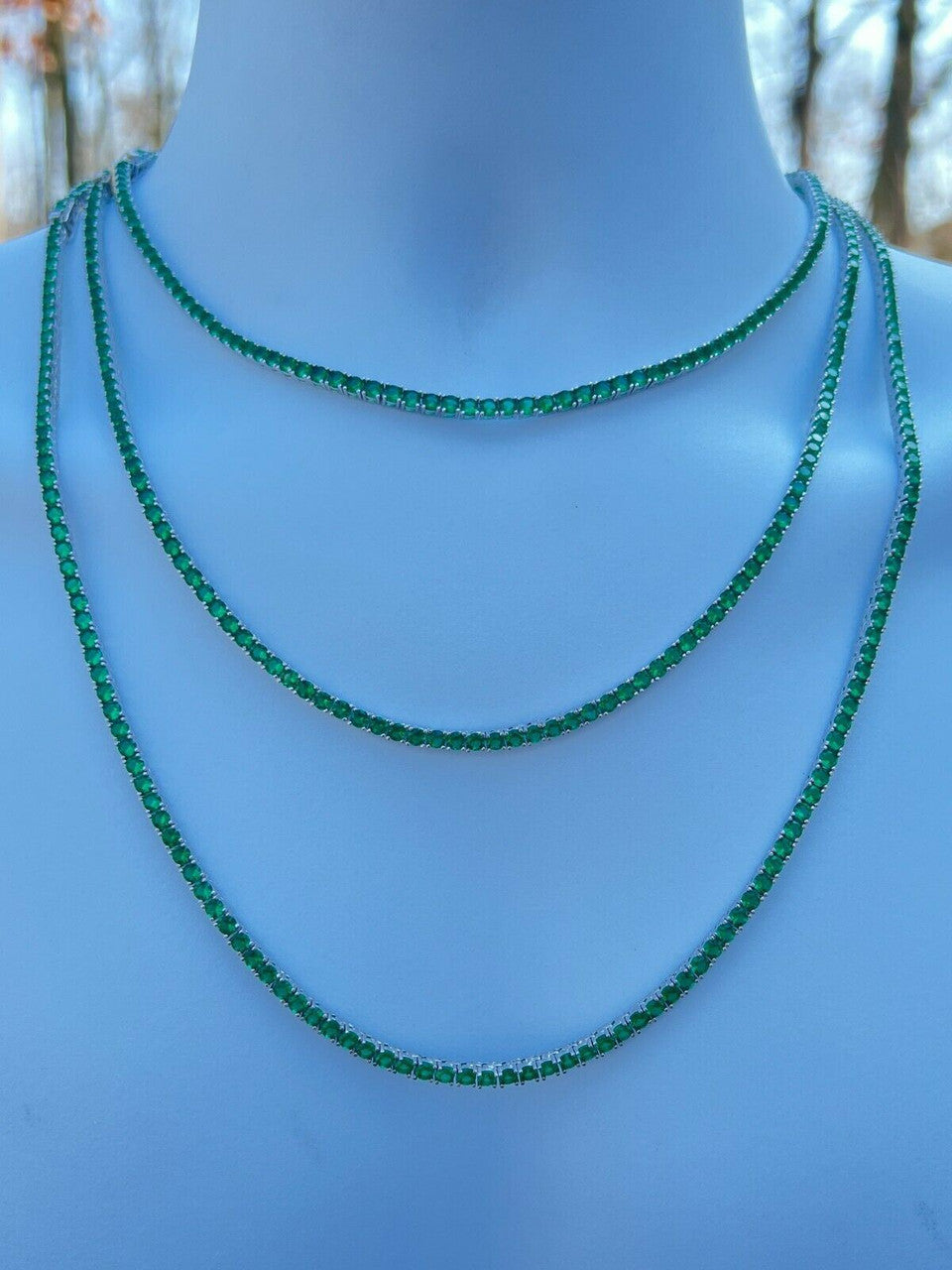 Tennis Chain Necklace Iced Out Green CZ Stones - 925 Silver - 3mm - 16"-28"