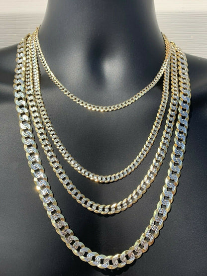 Flat Curb Cuban Chain Necklace - Two Tone Diamond Cut 14k Gold Vermeil 925 Sterling Silver - 16"-30" - 3mm-10.5mm