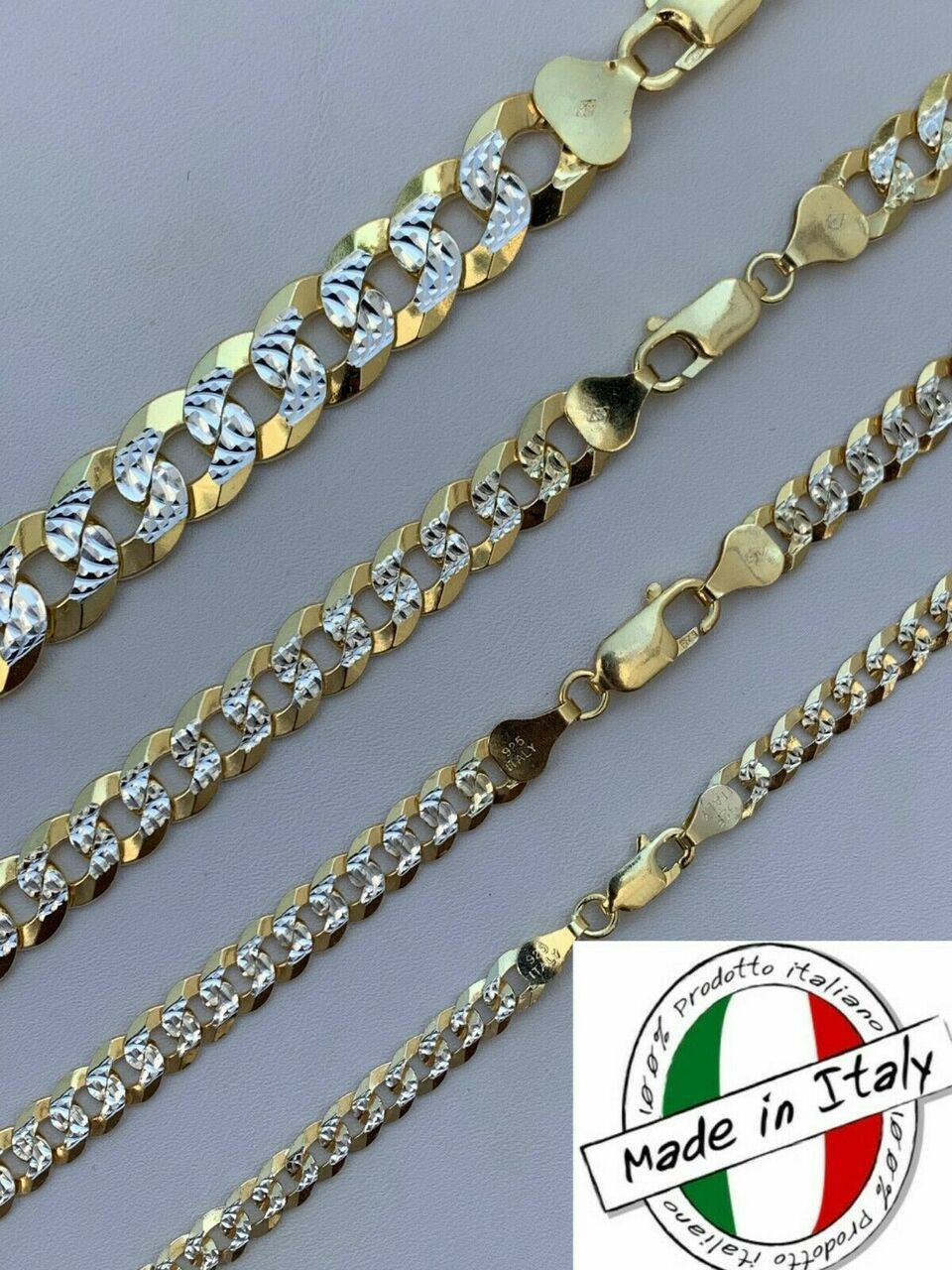 Flat Curb Cuban Chain Necklace - Two Tone Diamond Cut 14k Gold Vermeil 925 Sterling Silver - 16"-30" - 3mm-10.5mm