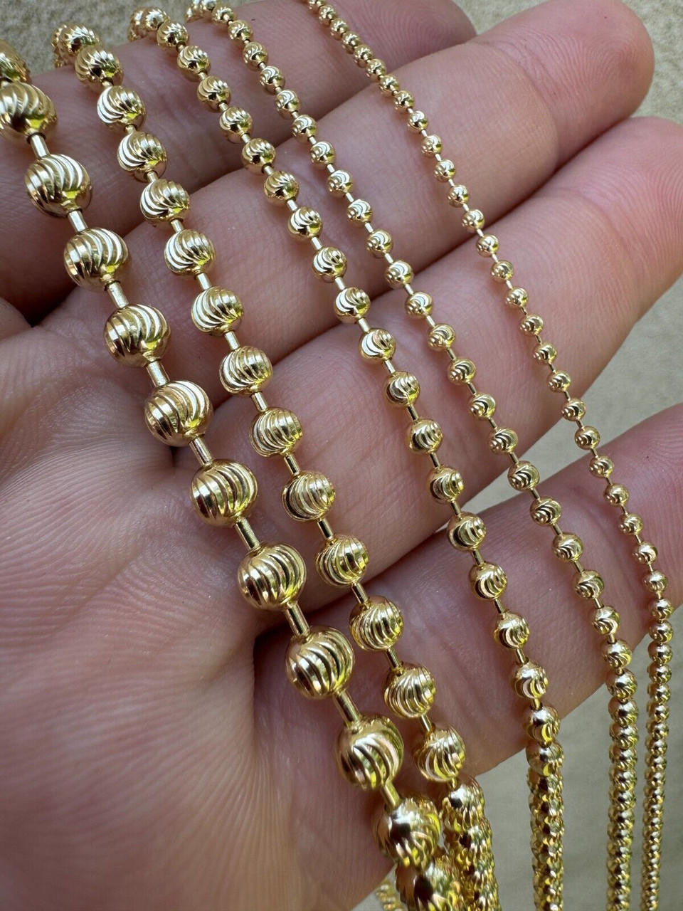 Ball Bead Moon Cut "Dog Tag" Chain Necklace - 14k Gold Vermeil 925 Sterling Silver - 16"-30" - 2mm-5mm