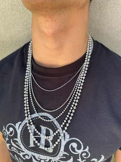 Ball Bead Moon Cut "Dog Tag" Chain Necklace - Rhodium Finish 925 Sterling Silver - 16"-30" - 2mm-5mm