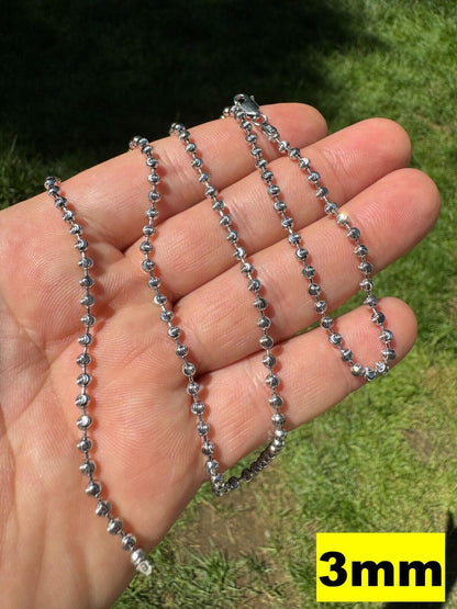 Ball Bead Moon Cut "Dog Tag" Chain Necklace - Rhodium Finish 925 Sterling Silver - 16"-30" - 2mm-5mm