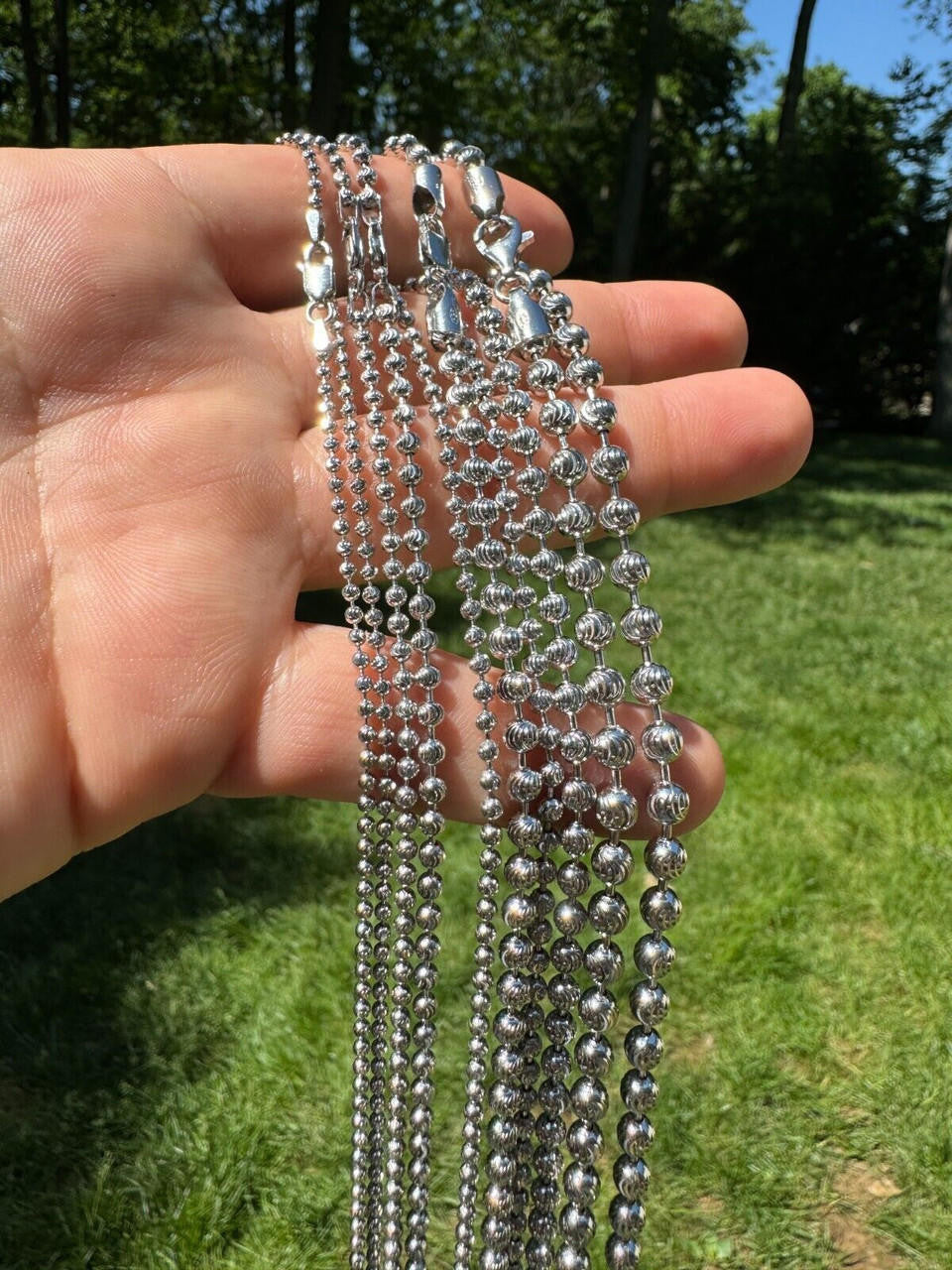 Ball Bead Moon Cut "Dog Tag" Chain Necklace - Rhodium Finish 925 Sterling Silver - 16"-30" - 2mm-5mm