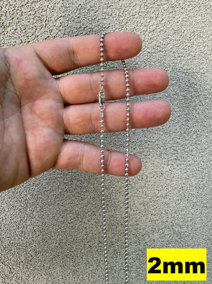 Ball Bead Moon Cut "Dog Tag" Chain Necklace - Rhodium Finish 925 Sterling Silver - 16"-30" - 2mm-5mm