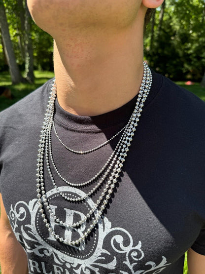 Ball Bead Moon Cut "Dog Tag" Chain Necklace - Rhodium Finish 925 Sterling Silver - 16"-30" - 2mm-5mm
