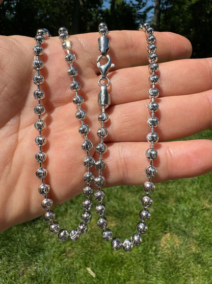 Ball Bead Moon Cut "Dog Tag" Chain Necklace - Rhodium Finish 925 Sterling Silver - 16"-30" - 2mm-5mm