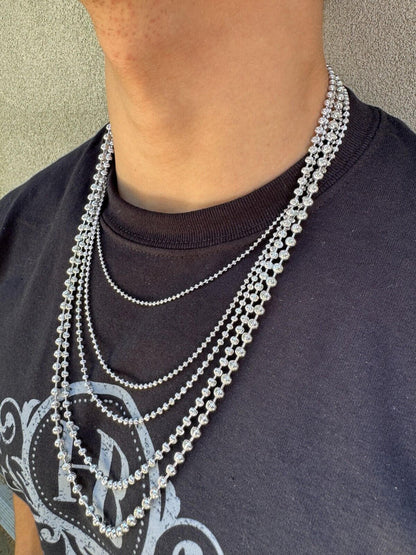 Ball Bead Moon Cut "Dog Tag" Chain Necklace - Rhodium Finish 925 Sterling Silver - 16"-30" - 2mm-5mm