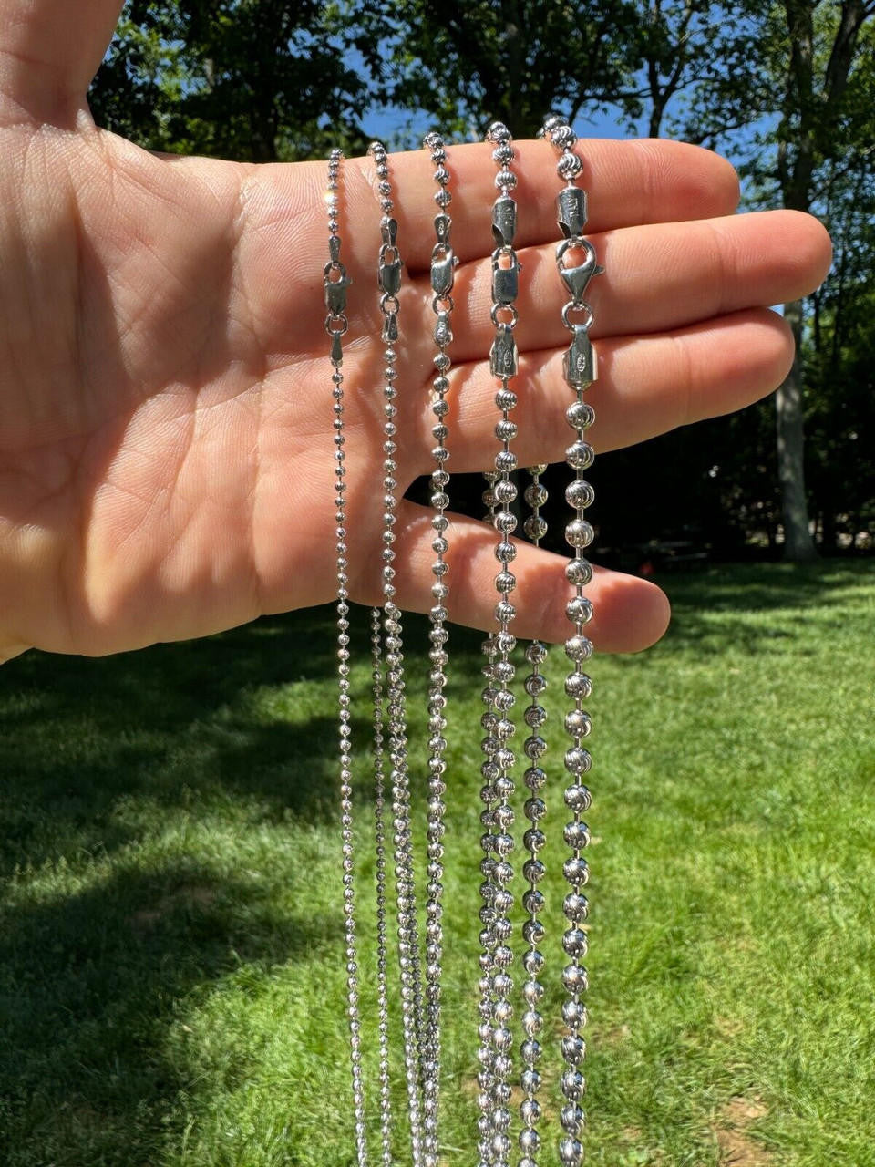 Ball Bead Moon Cut "Dog Tag" Chain Necklace - Rhodium Finish 925 Sterling Silver - 16"-30" - 2mm-5mm