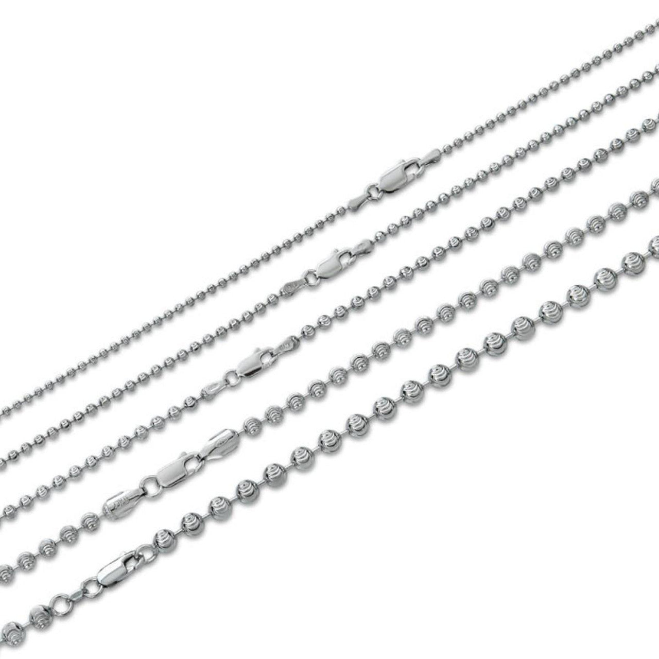 Ball Bead Moon Cut "Dog Tag" Chain Necklace - Rhodium Finish 925 Sterling Silver - 16"-30" - 2mm-5mm