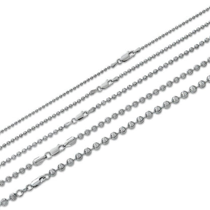 Ball Bead Moon Cut "Dog Tag" Chain Necklace - Rhodium Finish 925 Sterling Silver - 16"-30" - 2mm-5mm