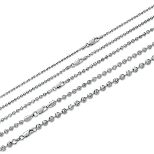 Ball Bead Moon Cut "Dog Tag" Chain Necklace - Rhodium Finish 925 Sterling Silver - 16"-30" - 2mm-5mm