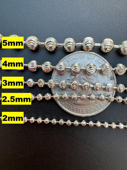 Ball Bead Moon Cut "Dog Tag" Chain Necklace - Rhodium Finish 925 Sterling Silver - 16"-30" - 2mm-5mm
