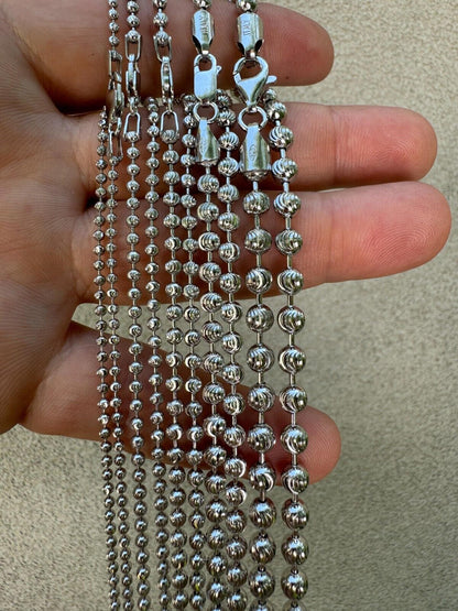 Ball Bead Moon Cut "Dog Tag" Chain Necklace - Rhodium Finish 925 Sterling Silver - 16"-30" - 2mm-5mm