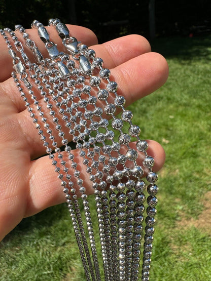 Ball Bead Moon Cut "Dog Tag" Chain Necklace - Rhodium Finish 925 Sterling Silver - 16"-30" - 2mm-5mm