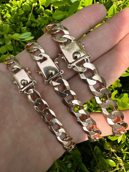 Curb Cuban Link Chain Bracelet W. Box Lock - 14k Rose Gold Vermeil 925 Sterling Silver - 18"-30" - 9.5mm-13mm