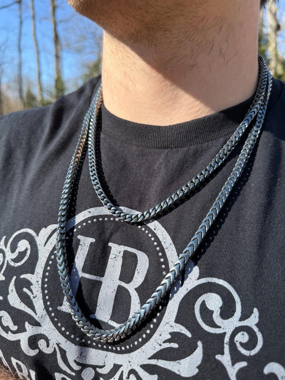 Modern Black Franco Link Chain Necklace W. Box Lock - Black Rhodium Over 925 Sterling Silver - 18"-30" - 6mm