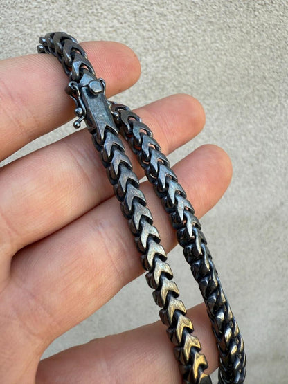 Modern Black Franco Link Chain Necklace W. Box Lock - Black Rhodium Over 925 Sterling Silver - 18"-30" - 6mm