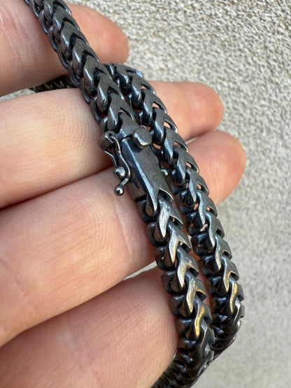 Modern Black Franco Link Chain Necklace W. Box Lock - Black Rhodium Over 925 Sterling Silver - 18"-30" - 6mm