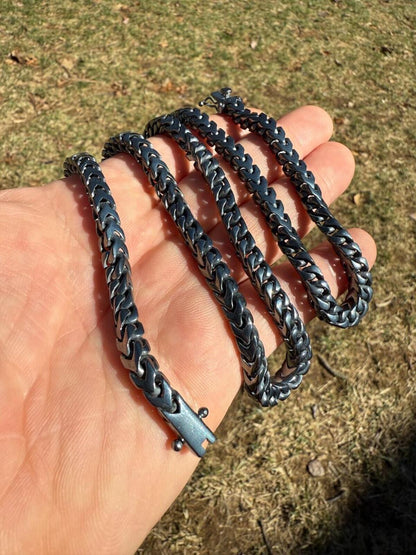 Modern Black Franco Link Chain Necklace W. Box Lock - Black Rhodium Over 925 Sterling Silver - 18"-30" - 6mm