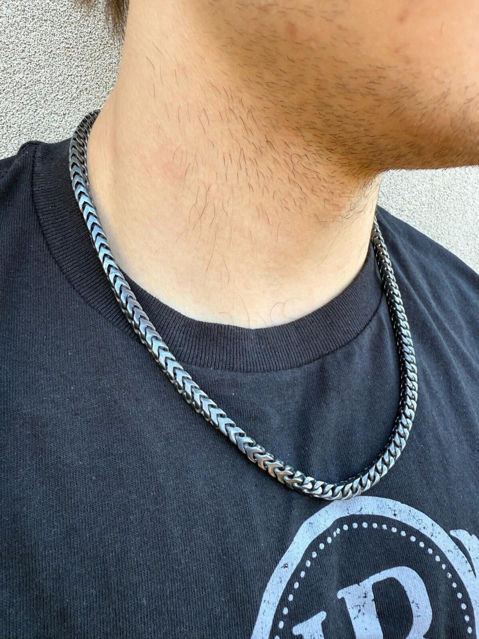 Modern Black Franco Link Chain Necklace W. Box Lock - Black Rhodium Over 925 Sterling Silver - 18"-30" - 6mm