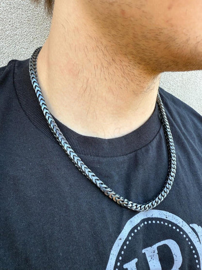 Modern Black Franco Link Chain Necklace W. Box Lock - Black Rhodium Over 925 Sterling Silver - 18"-30" - 6mm