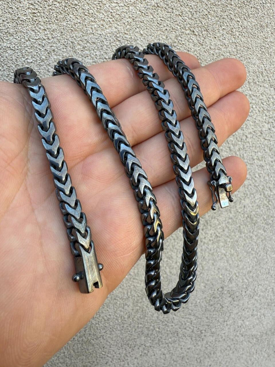 Modern Black Franco Link Chain Necklace W. Box Lock - Black Rhodium Over 925 Sterling Silver - 18"-30" - 6mm