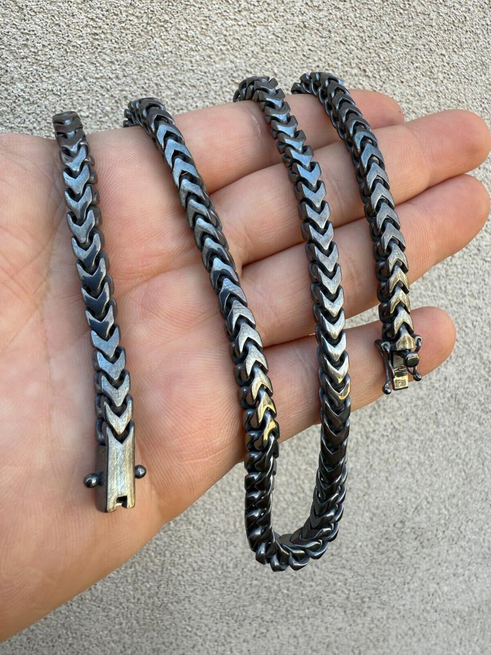 Modern Black Franco Link Chain Necklace W. Box Lock - Black Rhodium Over 925 Sterling Silver - 18"-30" - 6mm