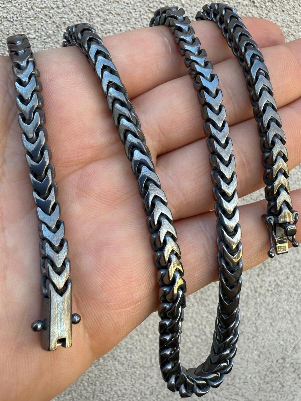 Modern Black Franco Link Chain Necklace W. Box Lock - Black Rhodium Over 925 Sterling Silver - 18"-30" - 6mm