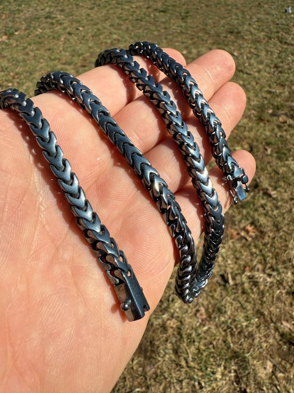 Modern Black Franco Link Chain Necklace W. Box Lock - Black Rhodium Over 925 Sterling Silver - 18"-30" - 6mm