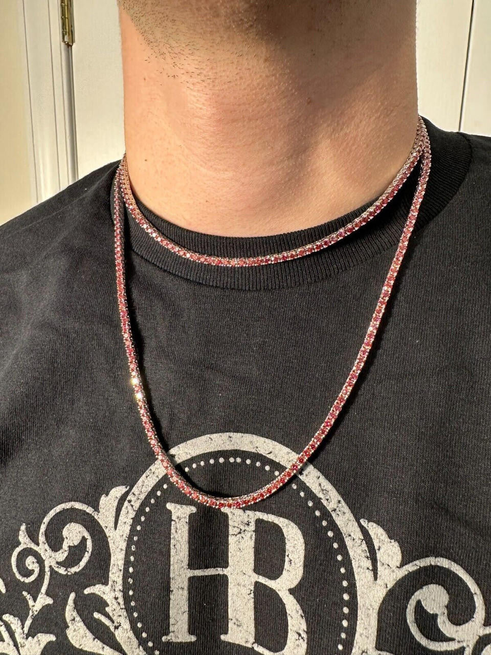 Pink MOISSANITE Tennis Chain Necklace Iced Out - 925 Silver - 3mm - 16"-28"