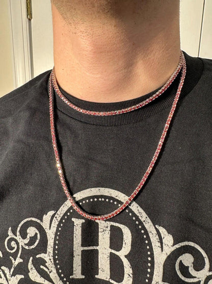 Pink MOISSANITE Tennis Chain Necklace Iced Out - 925 Silver - 3mm - 16"-28"