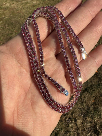 Pink MOISSANITE Tennis Chain Necklace Iced Out - 925 Silver - 3mm - 16"-28"