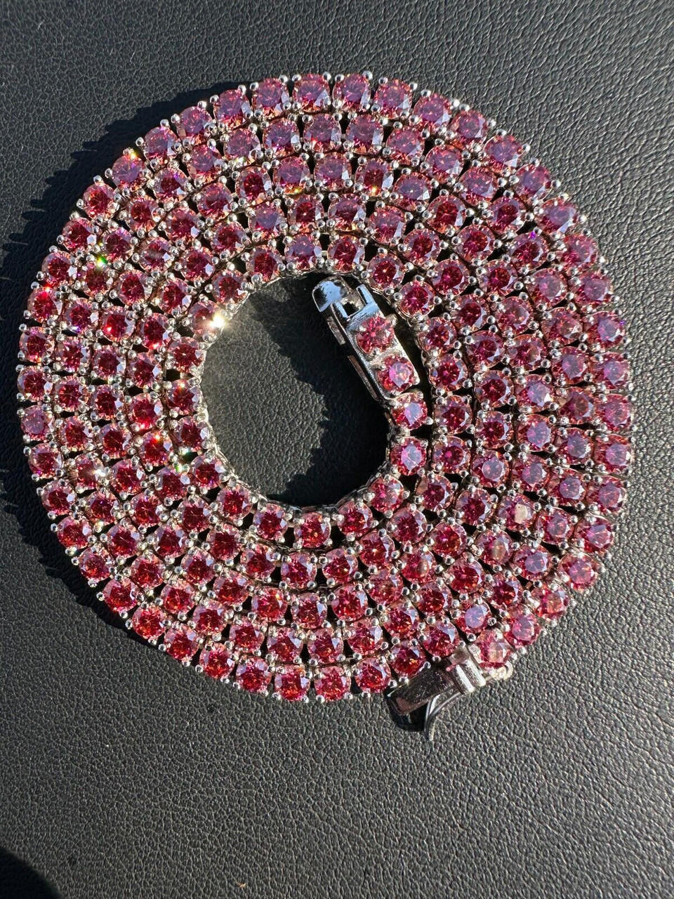 Pink MOISSANITE Tennis Chain Necklace Iced Out - 925 Silver - 3mm - 16"-28"