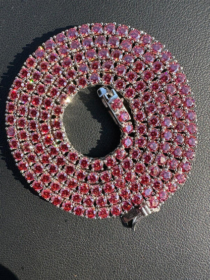 Pink MOISSANITE Tennis Chain Necklace Iced Out - 925 Silver - 3mm - 16"-28"
