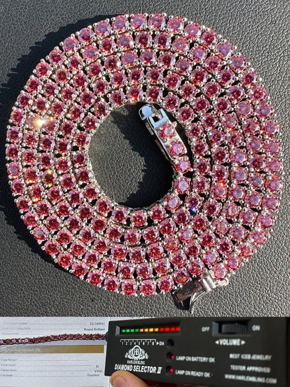 Pink MOISSANITE Tennis Chain Necklace Iced Out - 925 Silver - 3mm - 16"-28"