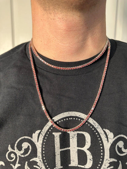 Pink MOISSANITE Tennis Chain Necklace Iced Out - 925 Silver - 3mm - 16"-28"